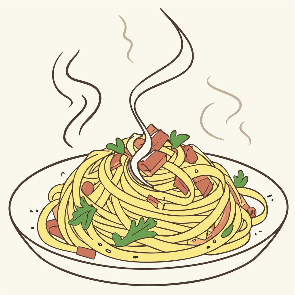 A drawing of a plate of spaghetti with meat and herbs vector