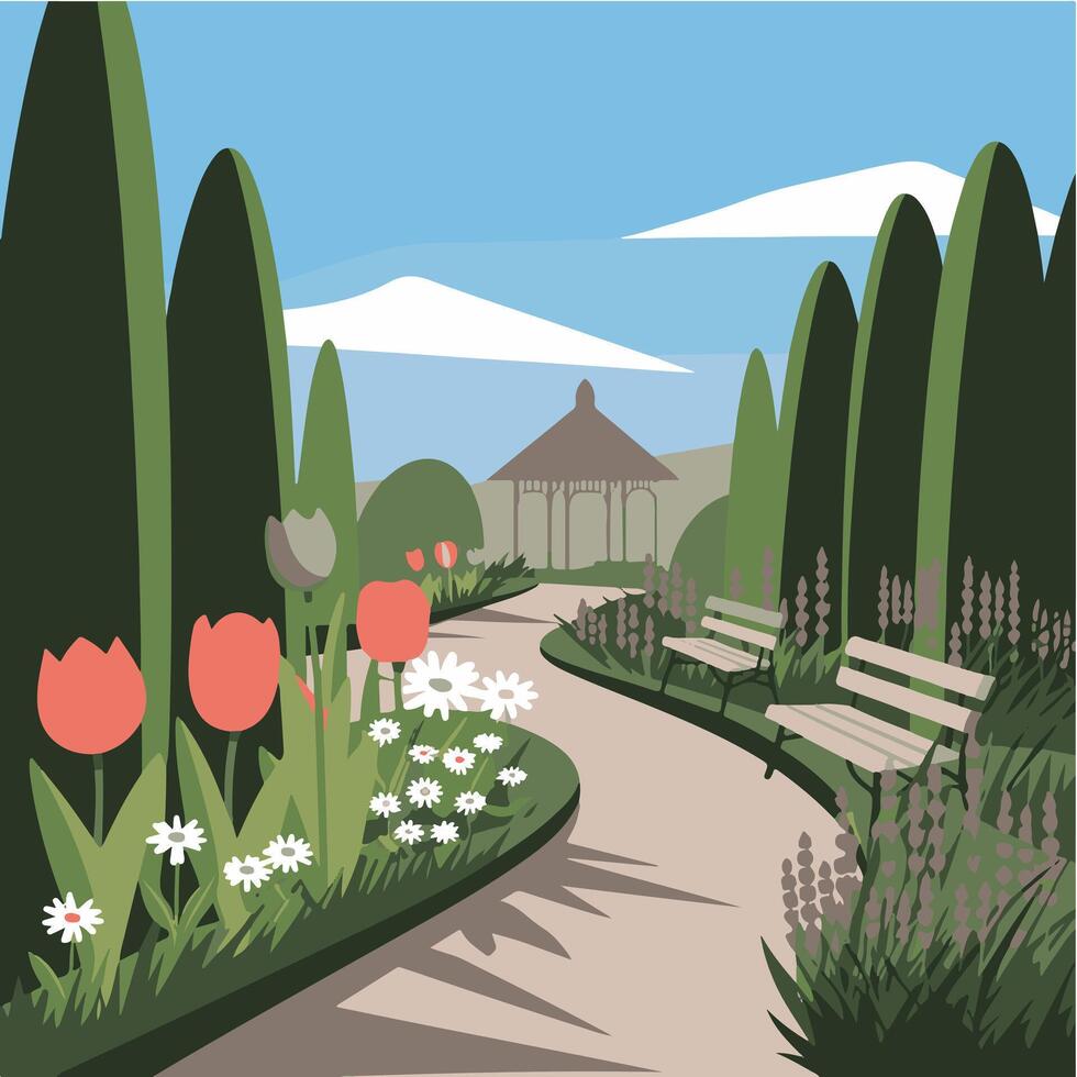 A cartoon illustration of a path through a park vector