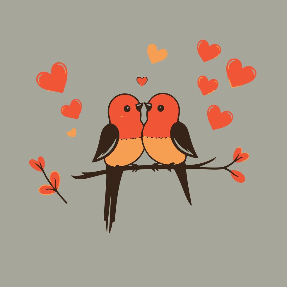 Two birds are sitting on a branch with hearts vector