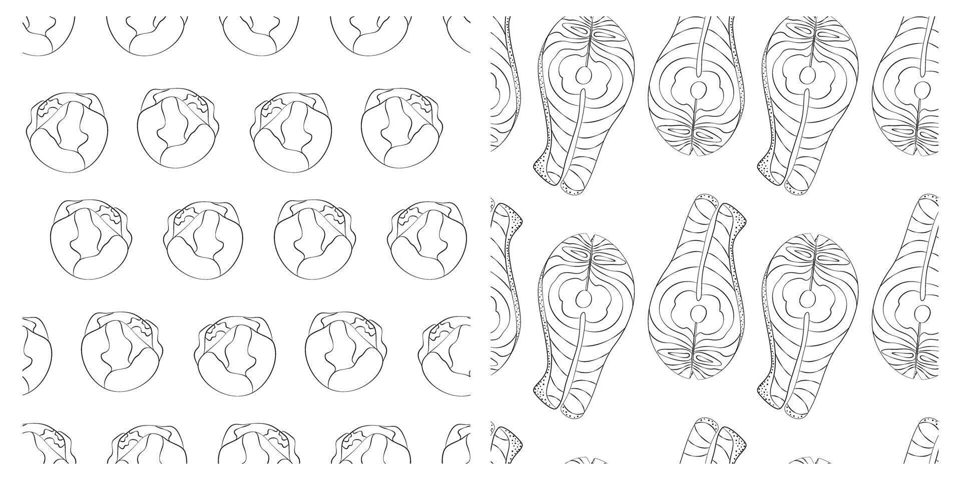 Outline brussels sprouts heads and Salmon steak Seamless pattern Healthy eating Day Background Set 4. Isolated Illustration Wallpaper Backdrop Thematic cards or web promo banner, leaflet, label vector