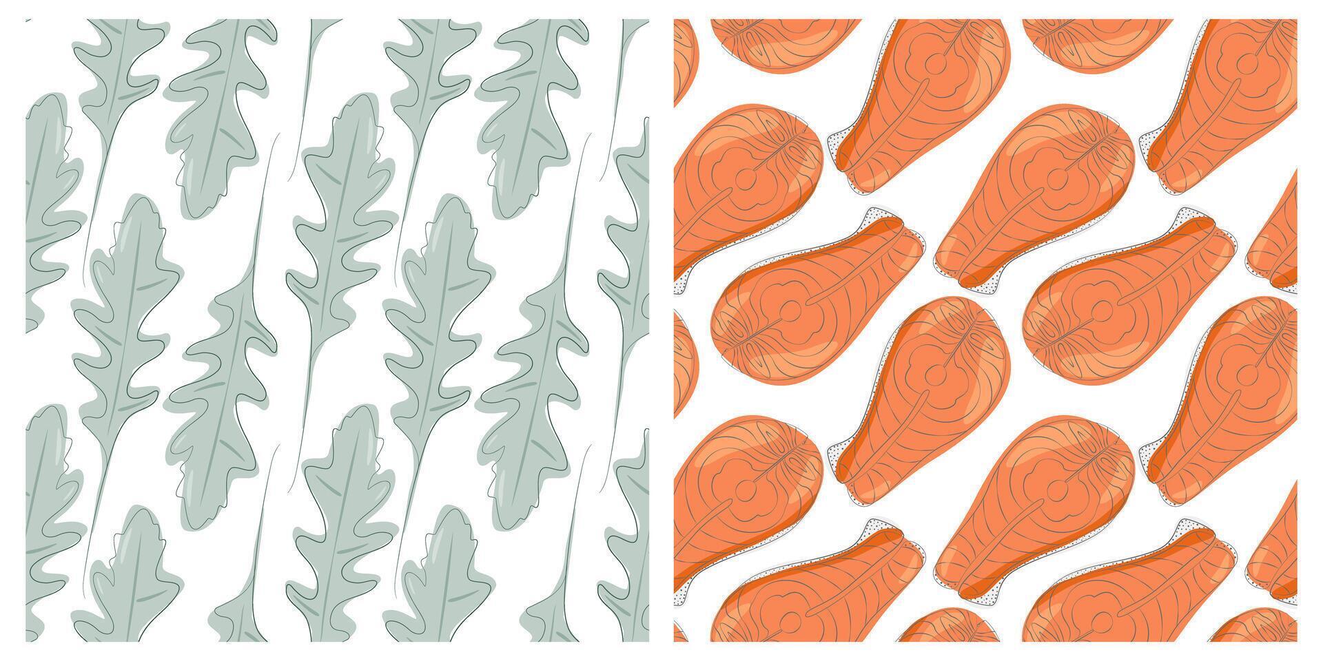 Hand drawn arugula leaves and red fish steak Seamless Pattern Healthy Eating Day Background idea Set. Isolated illustration Wallpaper, wrapping or web promo banner, thematic cards, posters, tag vector