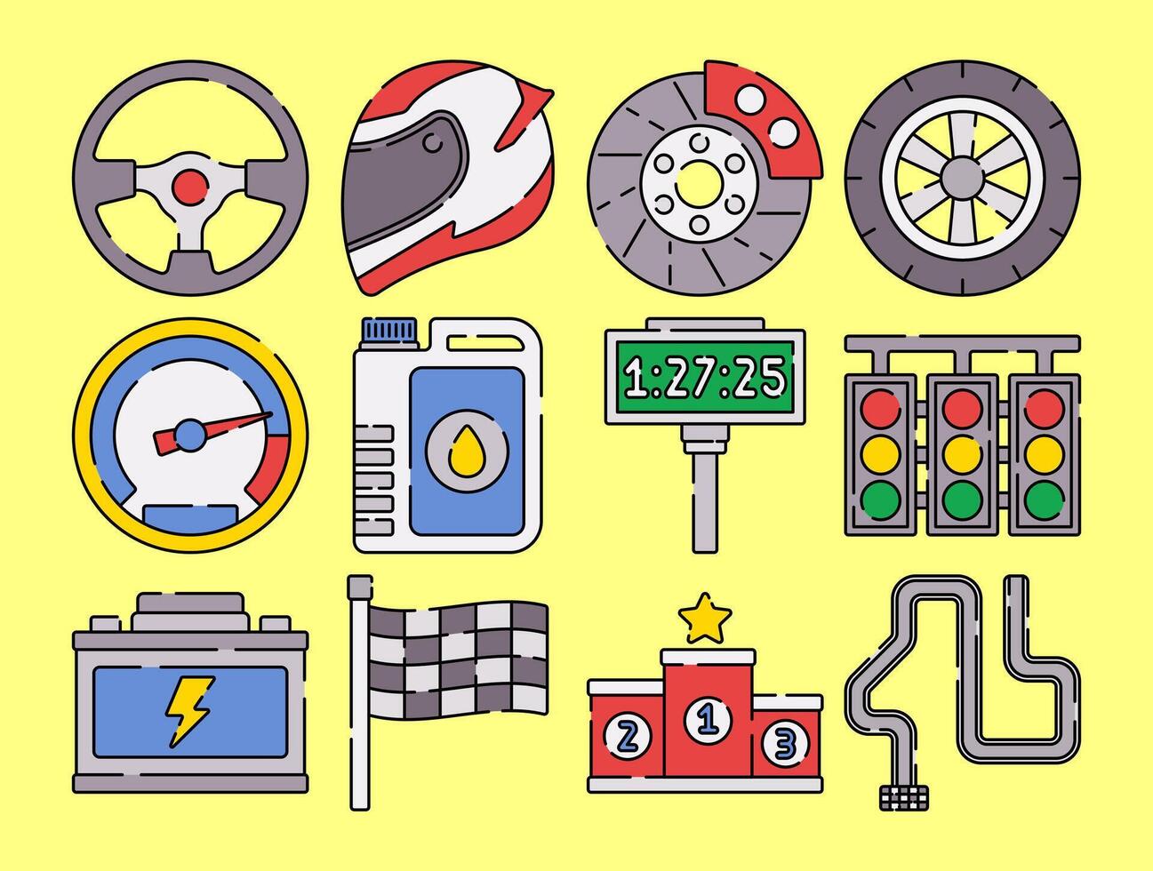 Auto Racing Element Icons, flat design style, featuring steering wheel, helmet, tires, speedometer, traffic lights, and podium. Ideal for motorsport graphics, event promotions, and racing themes. vector