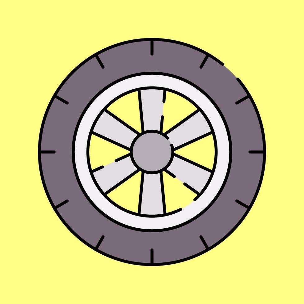 Racing Tire Flat design style, a black rubber tire with a metallic rim, representing vehicle performance, suitable for motorsport branding, auto repair graphics, and racing themes. vector