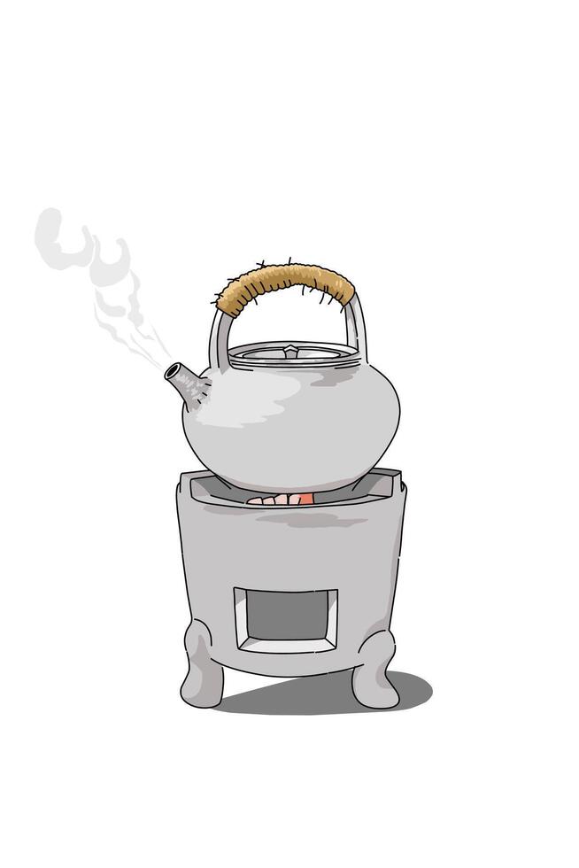 Natural clay teapot on a burning charcoal stove on white background vector