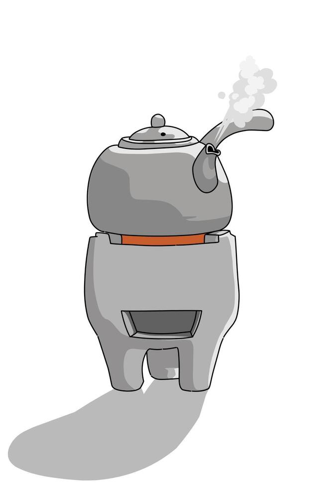 Natural clay teapot on a burning charcoal stove on white background and shadow vector