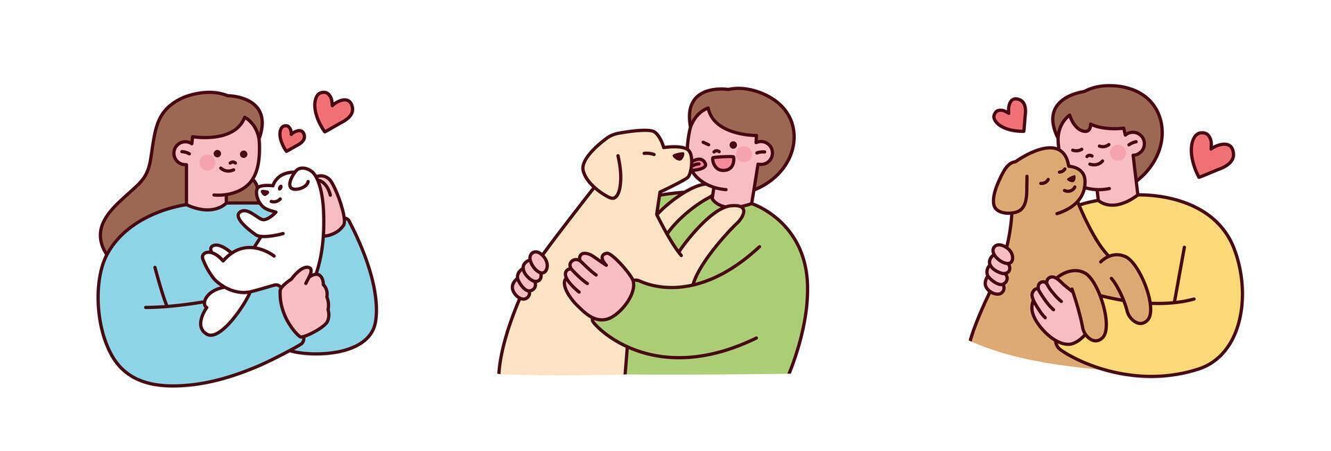 Cute illustration of people hugging their pet dogs with love and happiness. Simple, modern, and warm design. vector