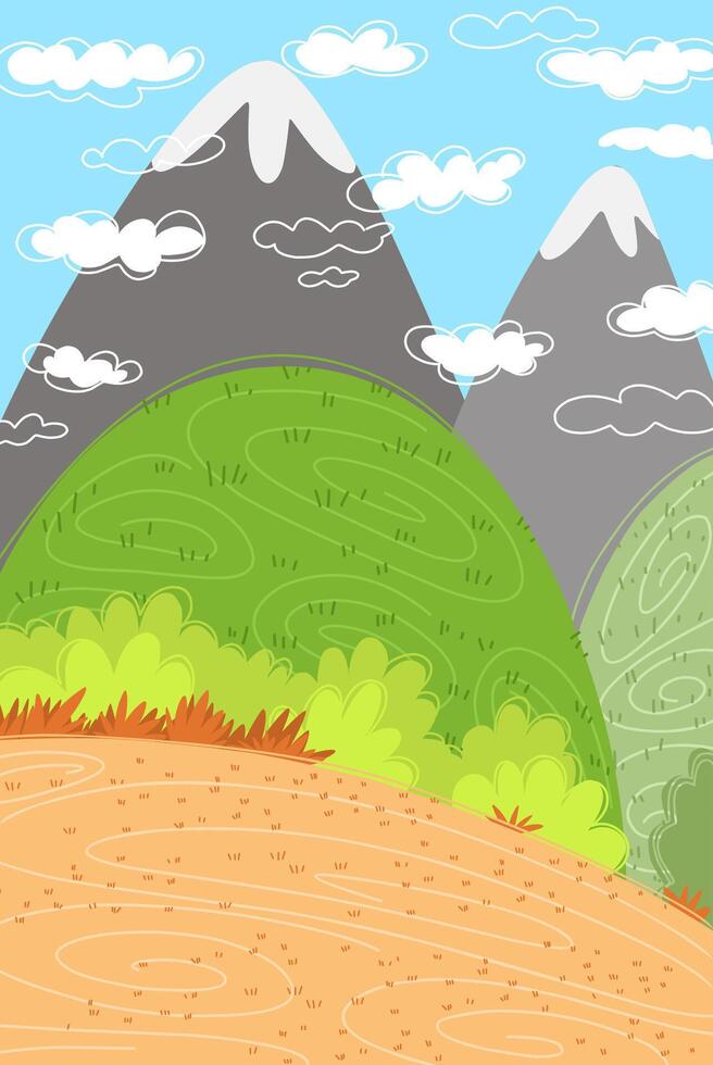 hillside view with green grass and mountains for children story book Illustration vector
