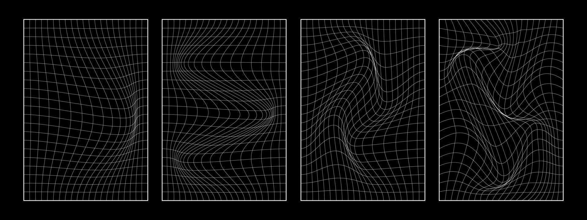 Set of distorted vertical grid pattern, flower text pattern. Y2K Retrowave shapes, geometry wireframe grid backgrounds in neon white color. Retro isolated 1980s, 90s, 2000s style. Print, banner. vector