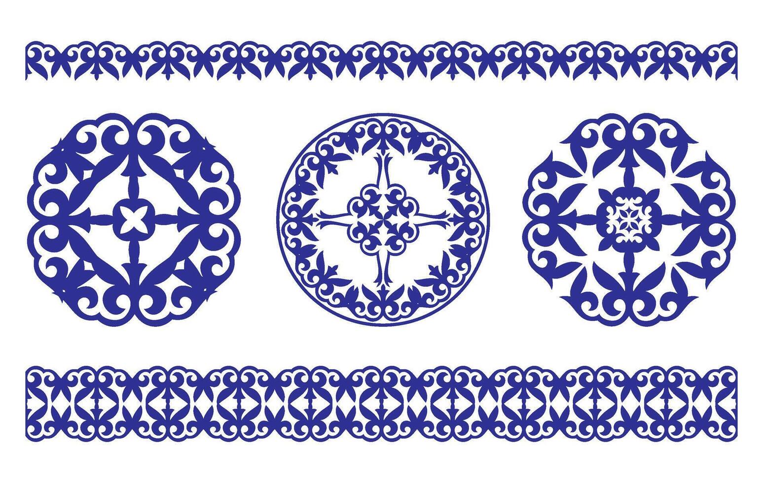 Set of blue decorative borders in portuguese azulejo style. Monochrome portuguese ornament of curls, spirals on white background. Set for ornate portuguese azulejo ceramic tile borders vector