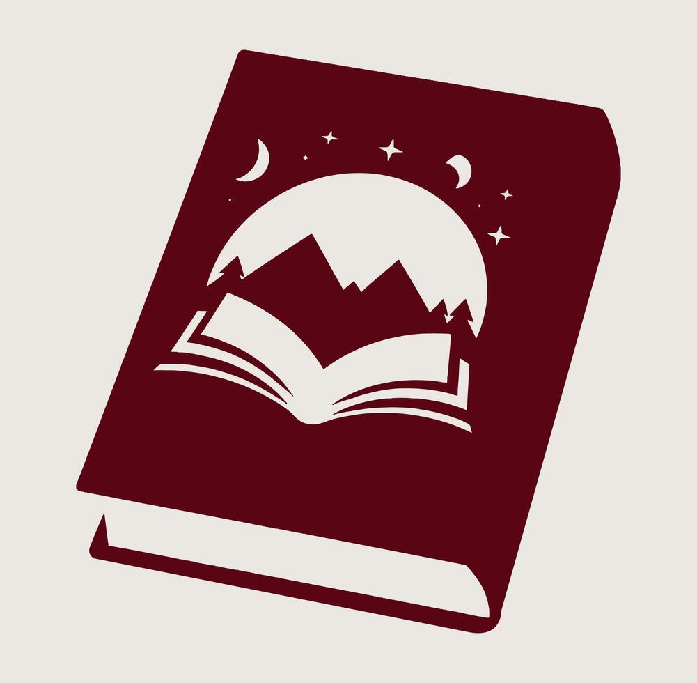 An open book with mountains and stars on it vector