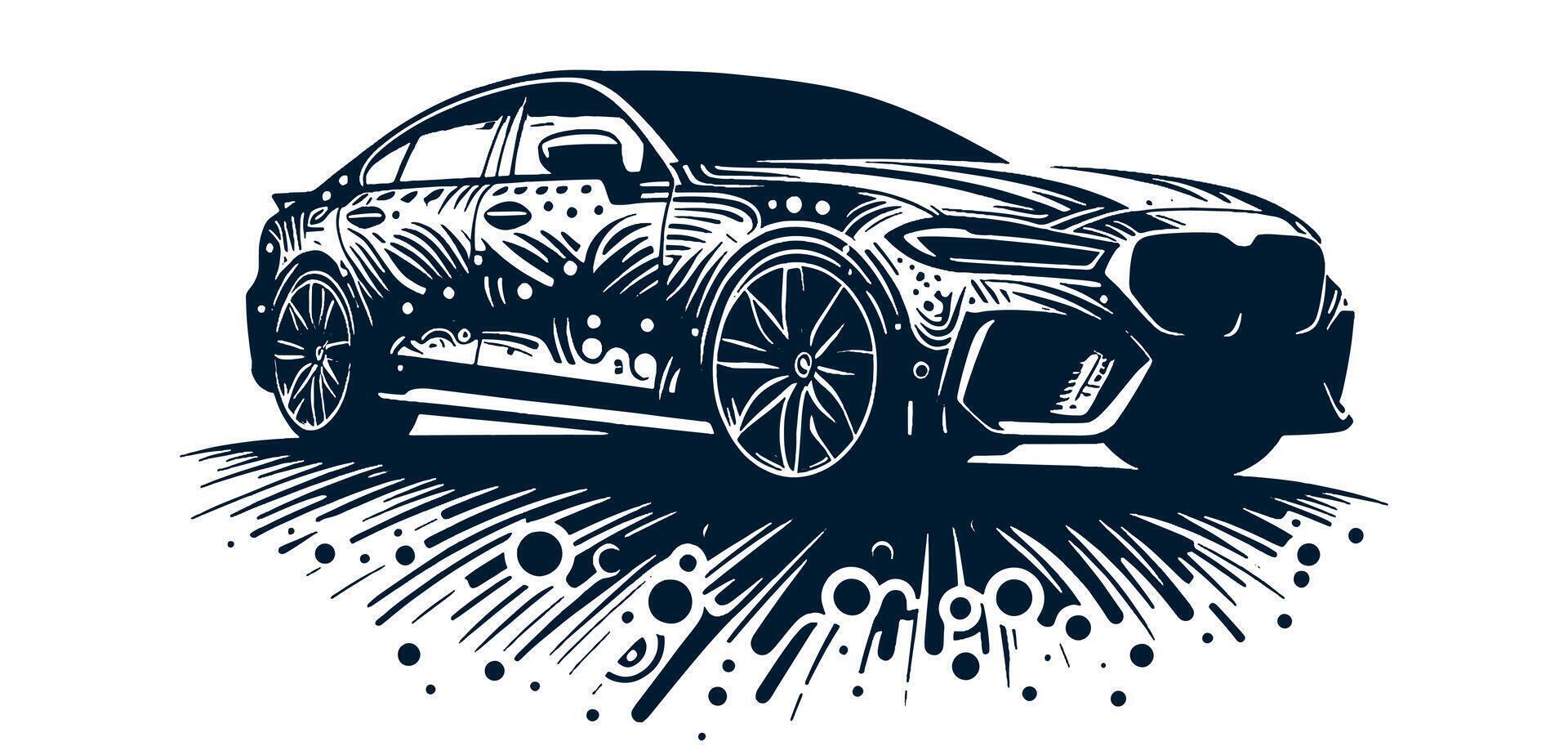 A car is shown in a black and white drawing on white. vector