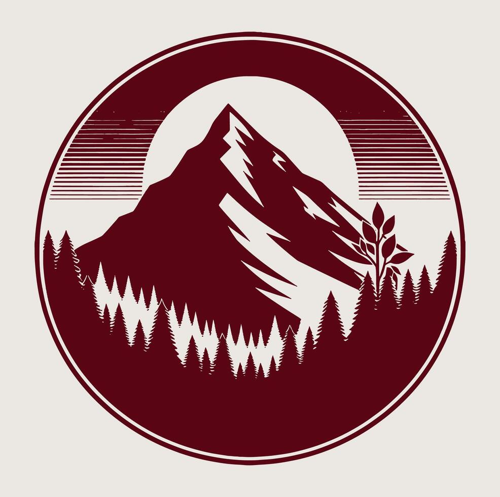 Mountain with trees and sun in a circle vector