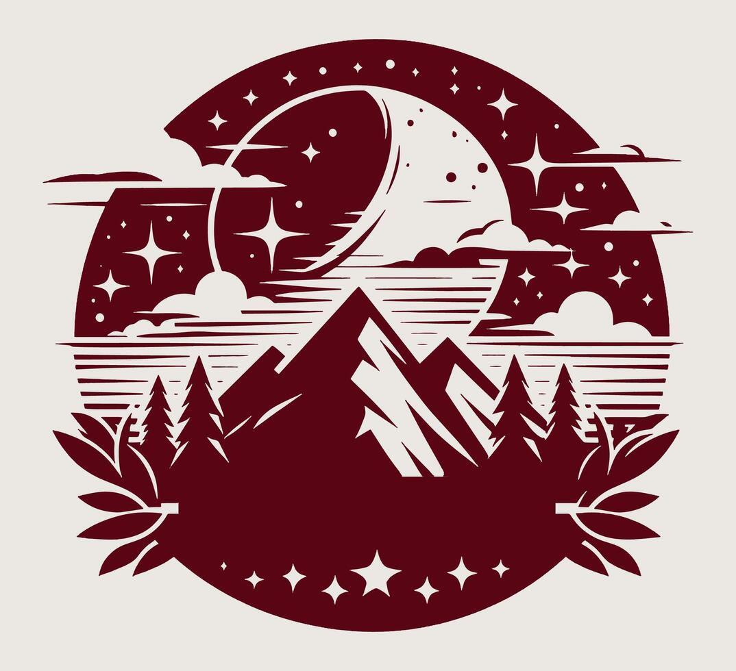 A mountain with trees and stars in the sky on a grey. vector