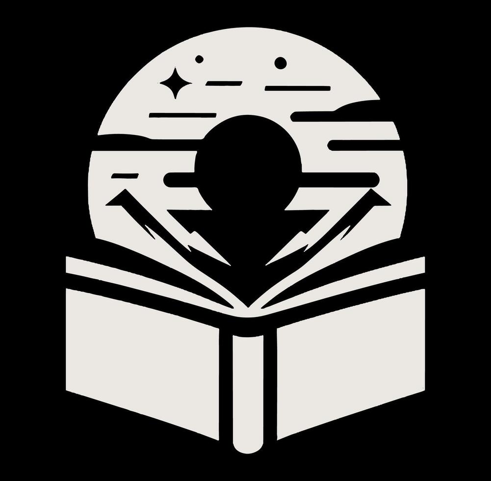 A black and white logo of a book with a moon in the background vector