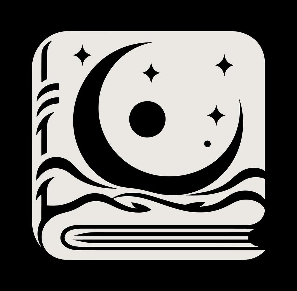 A black and white image of a book with a moon and stars vector