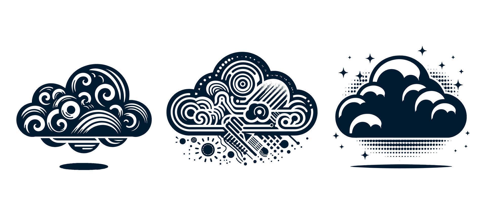 Set of icons of clouds, rain, lightning, thunder, lightning bolt, raindrops, vector