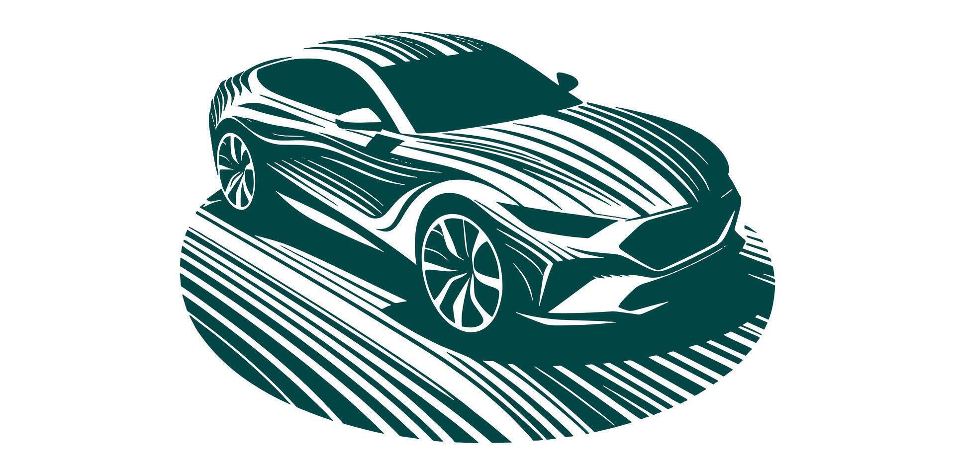 A car is shown in a woodcut style vector