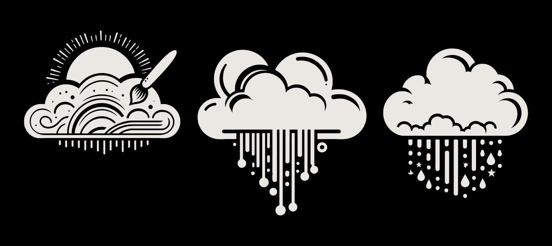 Three different clouds with rain and sun vector