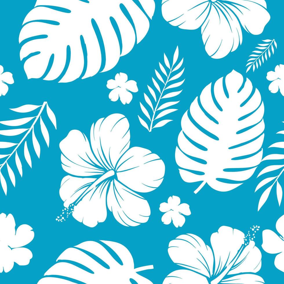 Tropical Hibiscus and Palm Leaf Seamless Pattern vector