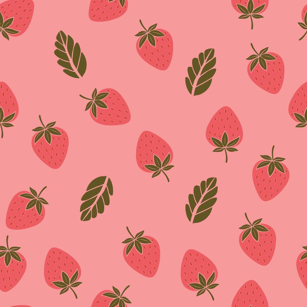 Strawberry and Leaf Pattern on Pink Background vector