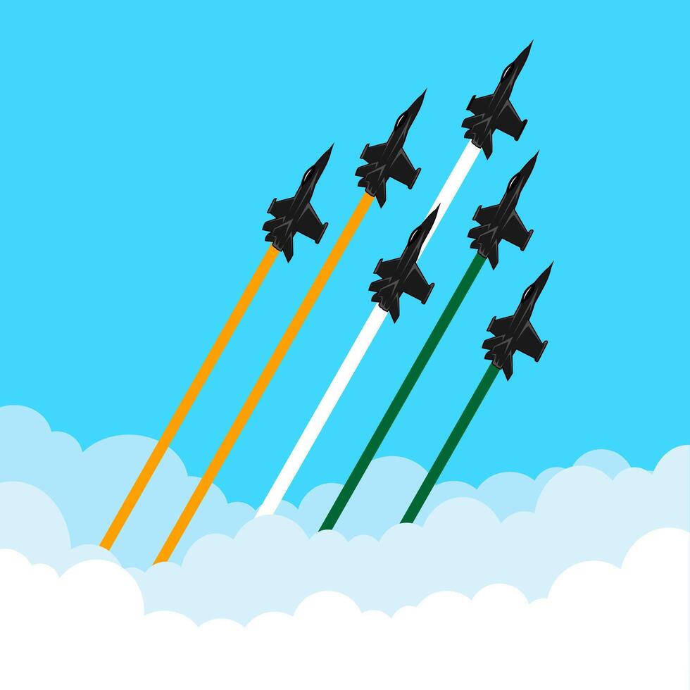fighter jet in the sky with india flag smoke illustration vector