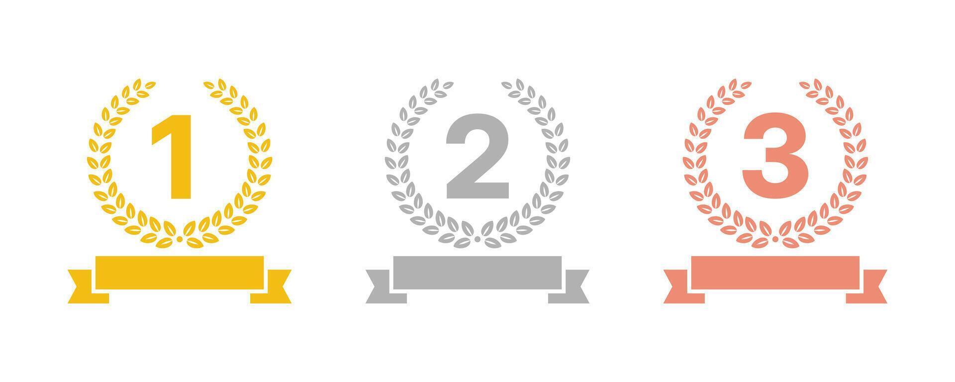 Laurel wreath of victory icon, set of gold, silver and bronze medals, laurel frame ranking decoration. Award signs with laurel wreath isolated on white background. vector