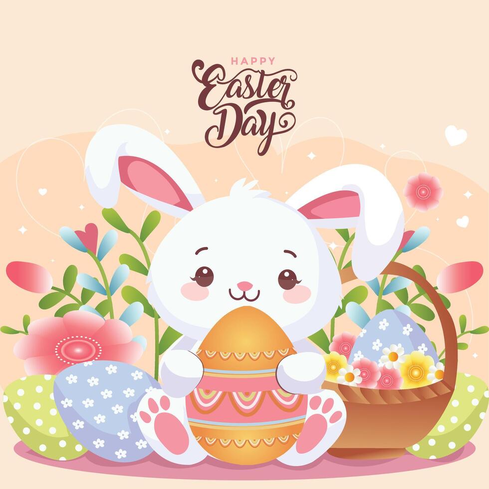 Happy Easter day Easter egg in the hand of cute rabbit poster and banner template with Typography and flowers background. backdrop for Pastel and white sky. vector