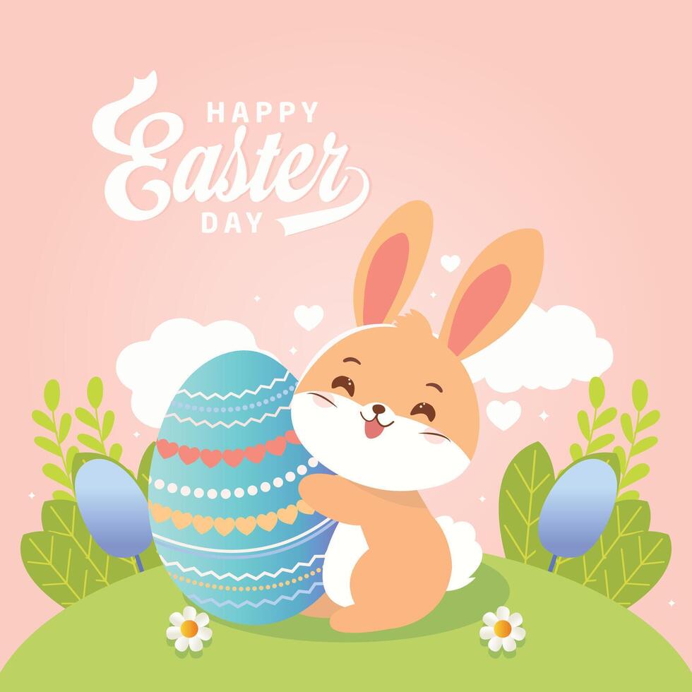 Happy Easter Day. A festive poster and banner template featuring a cute rabbit holding an Easter egg, with typography and flowers on a pastel and white sky backdrop. vector