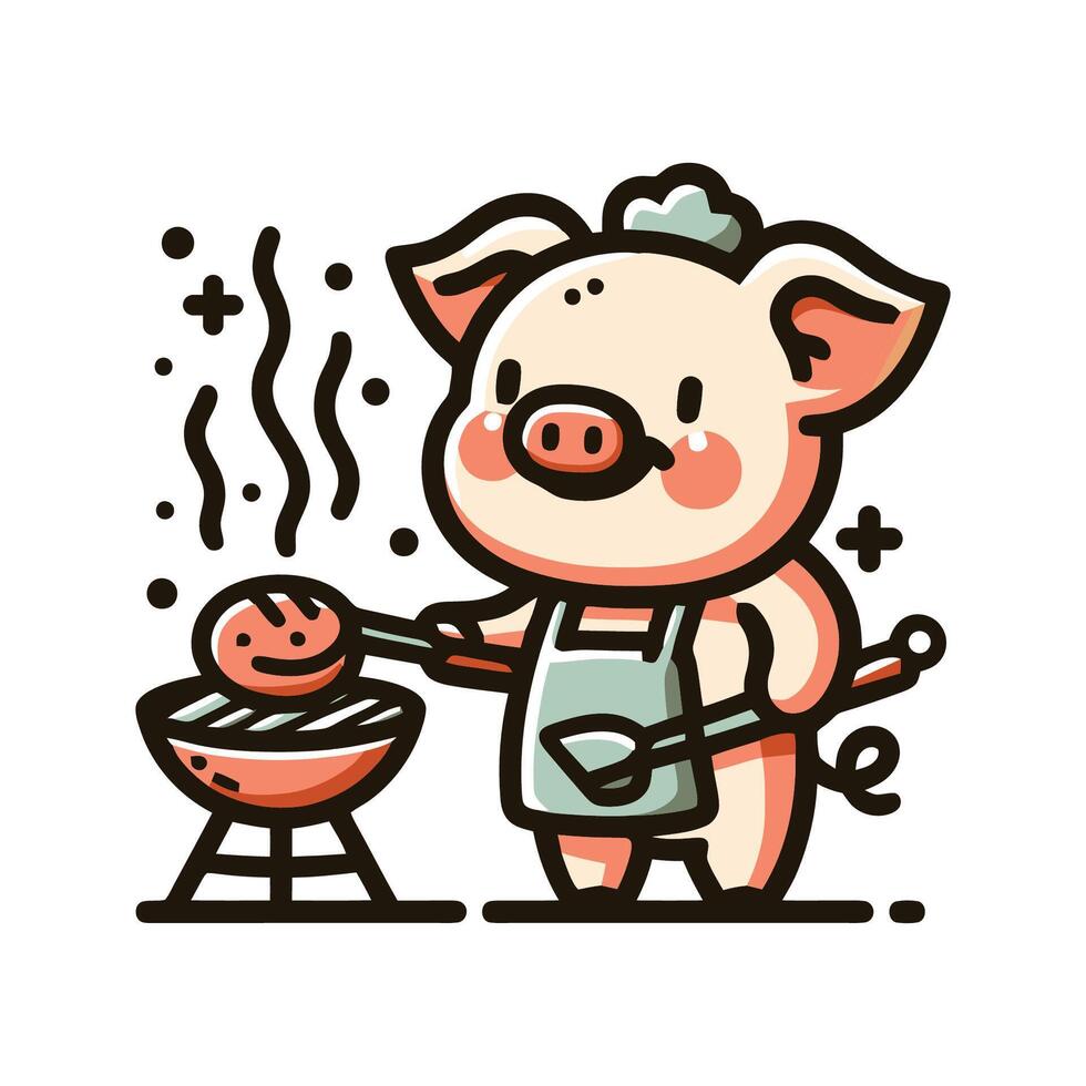 Cute BBQ Pig Mascot Illustration for Food and Restaurant Logo vector