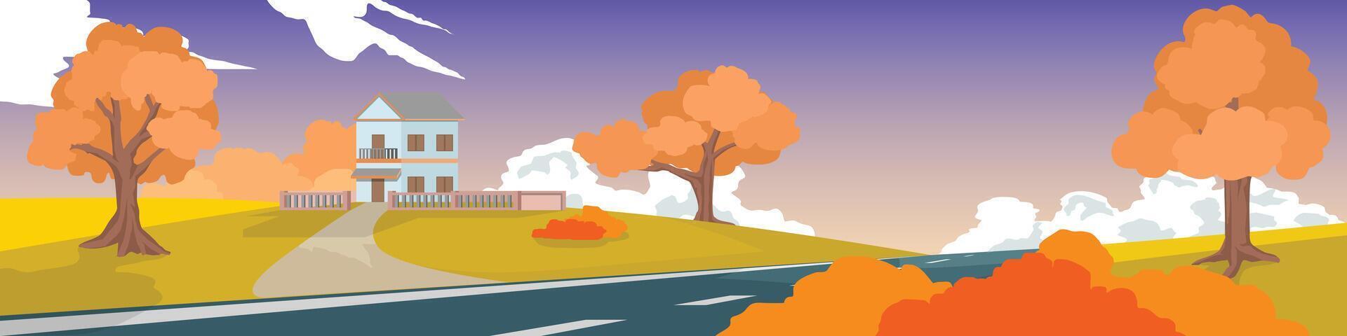 Landscape view of an asphalt road stretching into the distance. Two story houses fence around on a hill with yellow spring grass. and a purple sky with scattered white clouds in the evening. vector