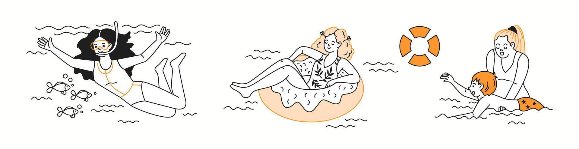 A woman relaxing on an inflatable donut-shaped float, drifting peacefully on the water, enjoying the warmth of a perfect summer day in a doodle illustration. vector