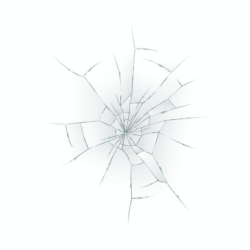 Detailed illustration of cracked glass texture on a white background. The fractures spread outward from the center, creating a realistic shattered appearance. vector