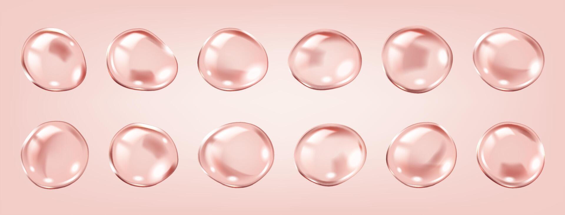 Collagen molecules forming translucent serum bubbles realistic color icons set. Intricate network structure 3d objects bundle on pink vector
