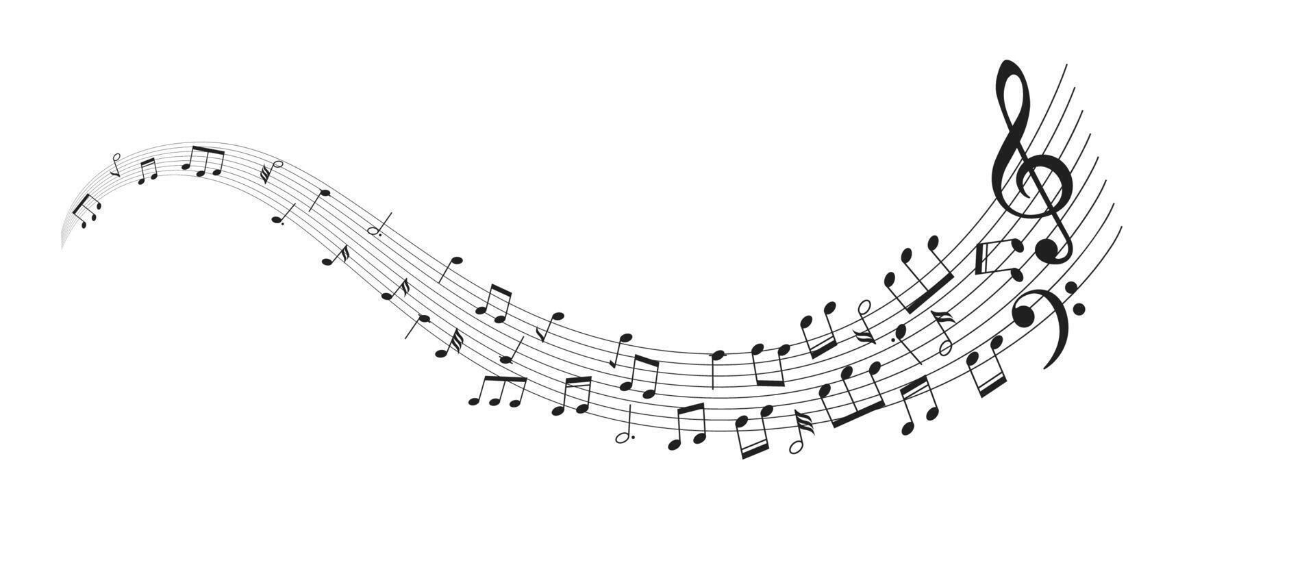 Illustration of musical notes elegantly flowing along a curved staff on a white background. The design captures the essence of melody and rhythm visually. vector