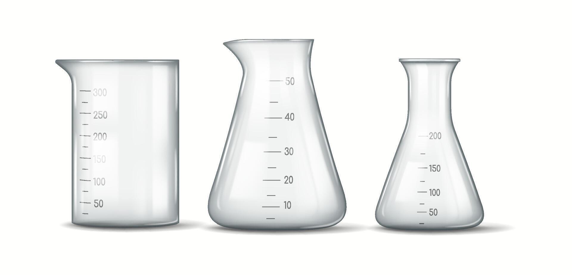Illustration of three laboratory glassware containers including two flasks and a beaker with measurement markings depicting essential scientific equipment for experiments. vector