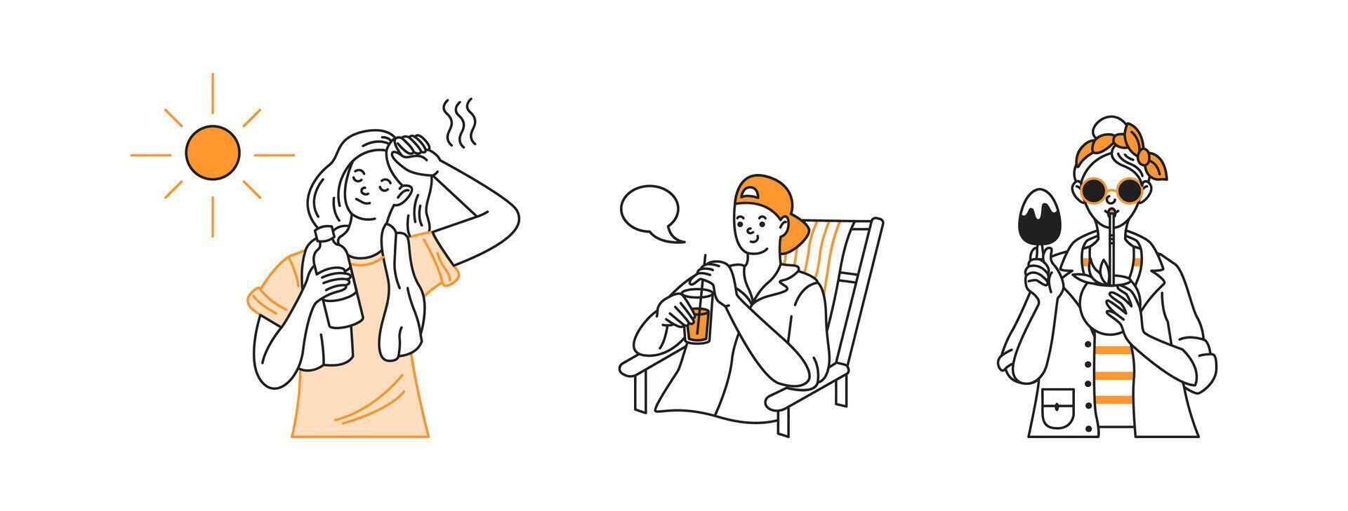 Illustration of three individuals enjoying summer drinks and snacks under the sun, feeling refreshed and relaxed in a casual and fun doodle-style drawing. vector