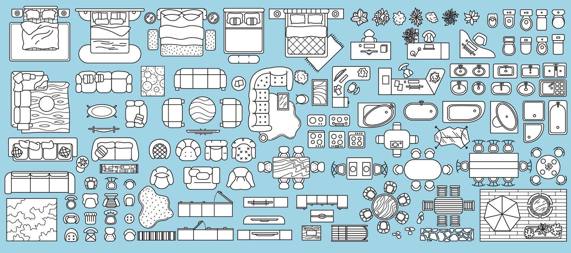 illustration of furniture top view set including beds sofas tables chairs sinks bathtubs plants and decor elements. Ideal for interior designers and architectural planning. vector