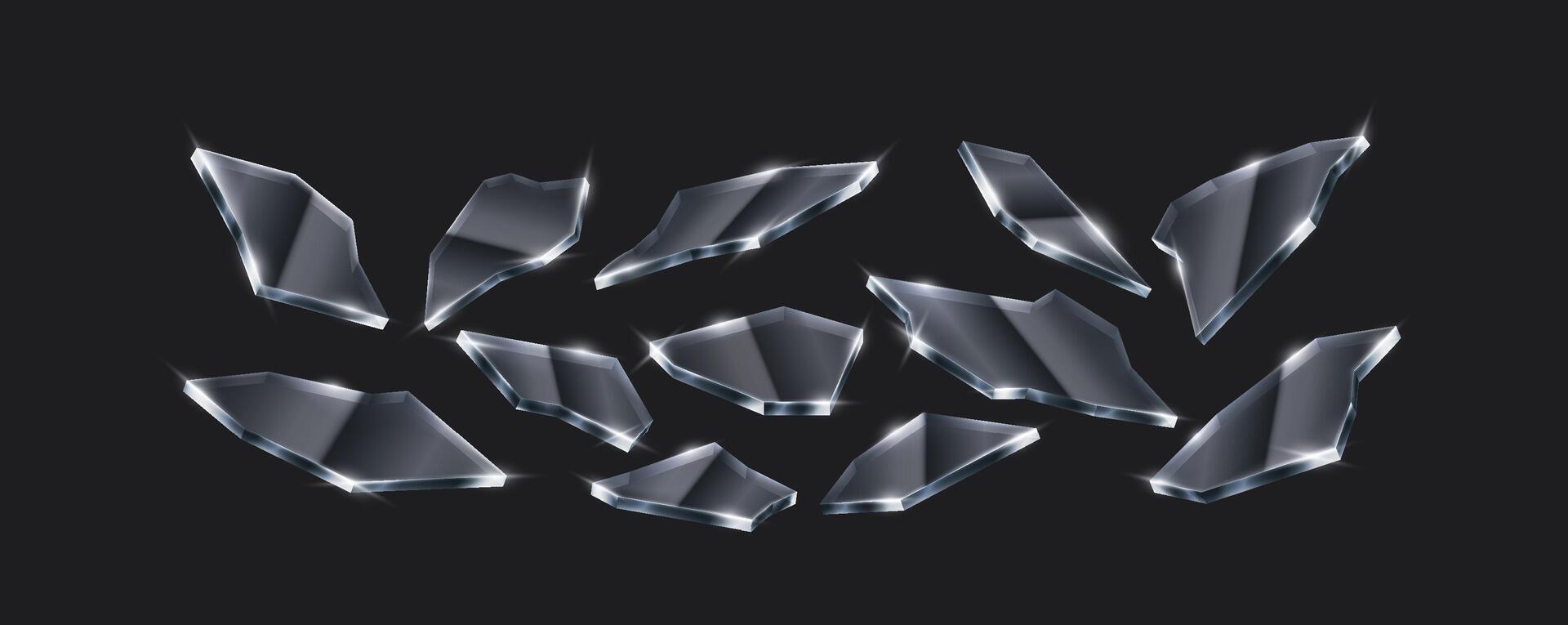 3D realistic illustration of high-detail glass shards reflecting light. Perfect for background effects, abstract compositions, and destruction scenes. vector