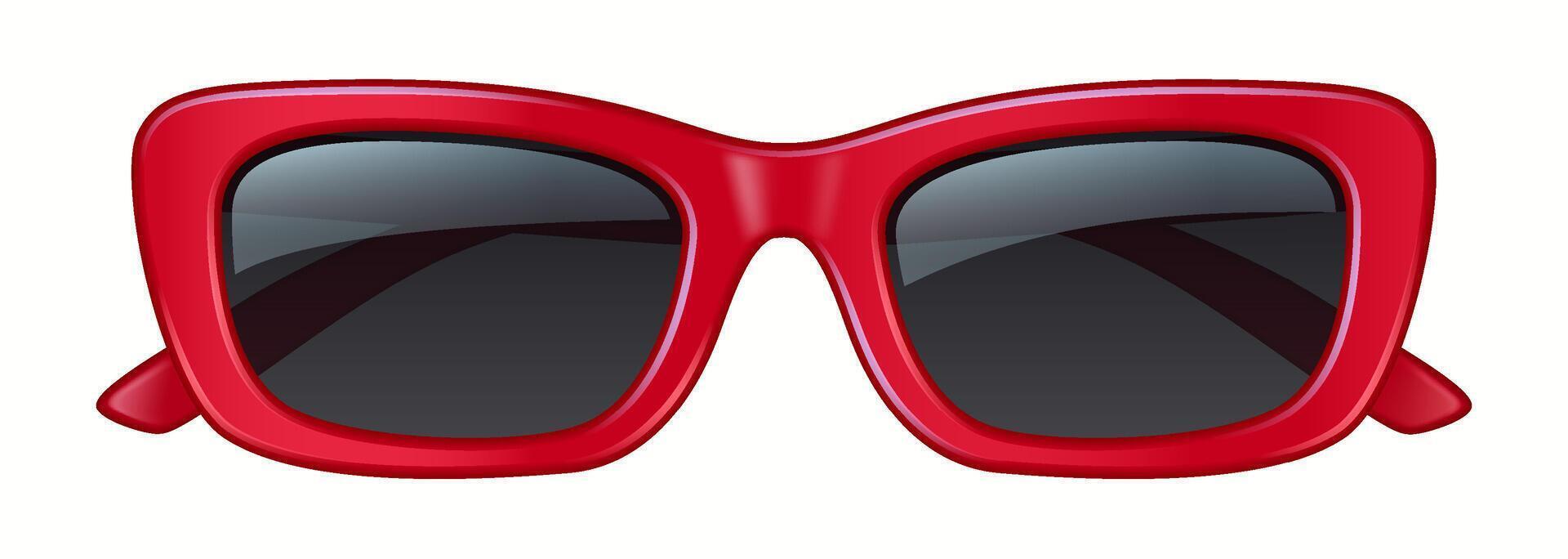 Red frame sunglasses featuring dark lenses. This eyewear piece combines fashion and utility, suitable for sunny days. Perfect for a bold and chic look. vector