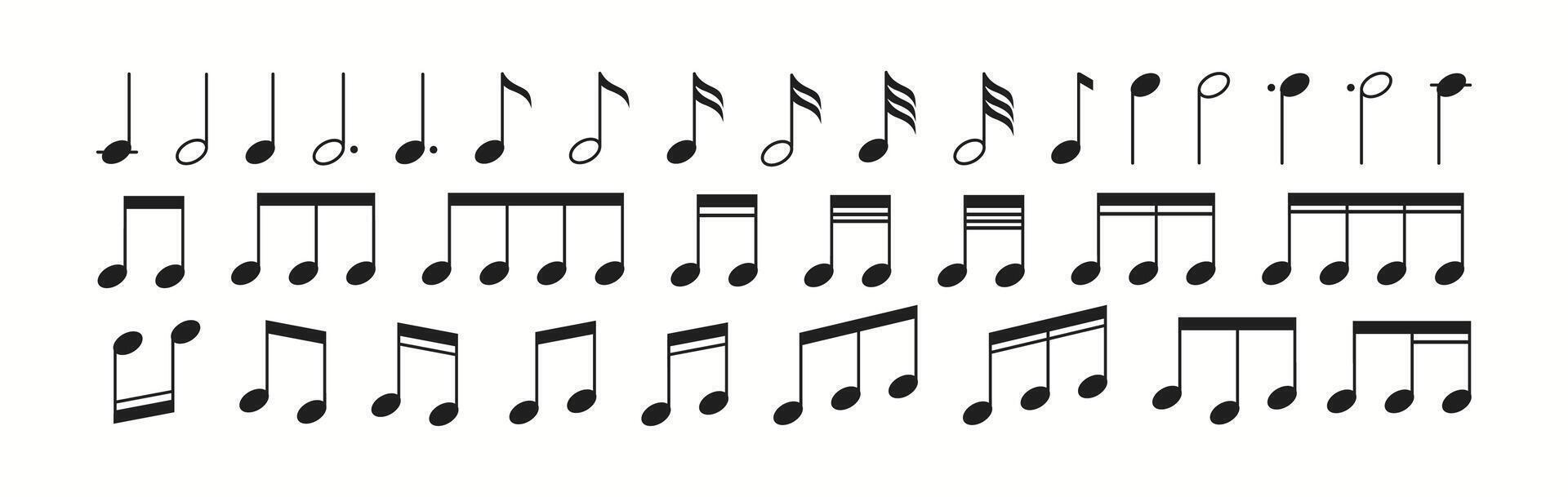 Illustration depicting diverse musical notes such as quarter, eighth, and sixteenth notes arranged in rows, showcasing different rhythmic patterns and symbols essential in musical notation. vector