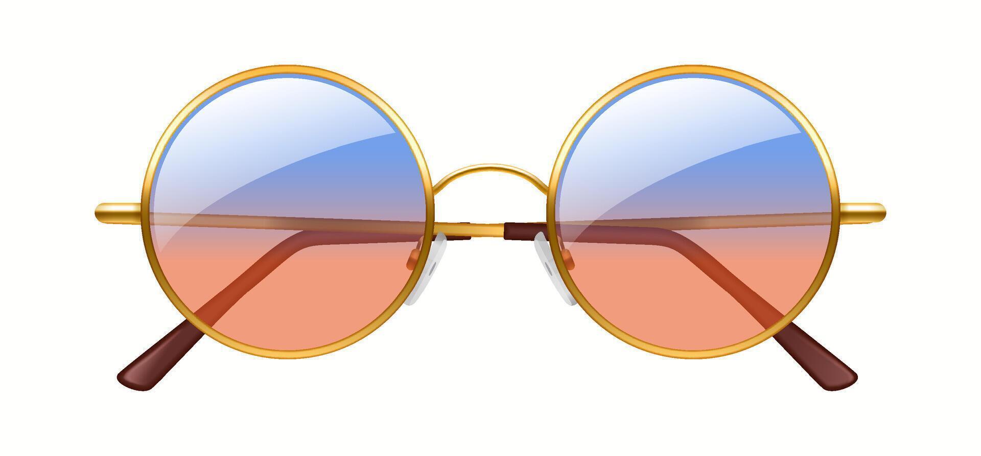 Illustration of stylish round sunglasses featuring a classic gold frame and vibrant gradient lenses. Perfect representation of retro fashion accessory ideal for summer style. vector