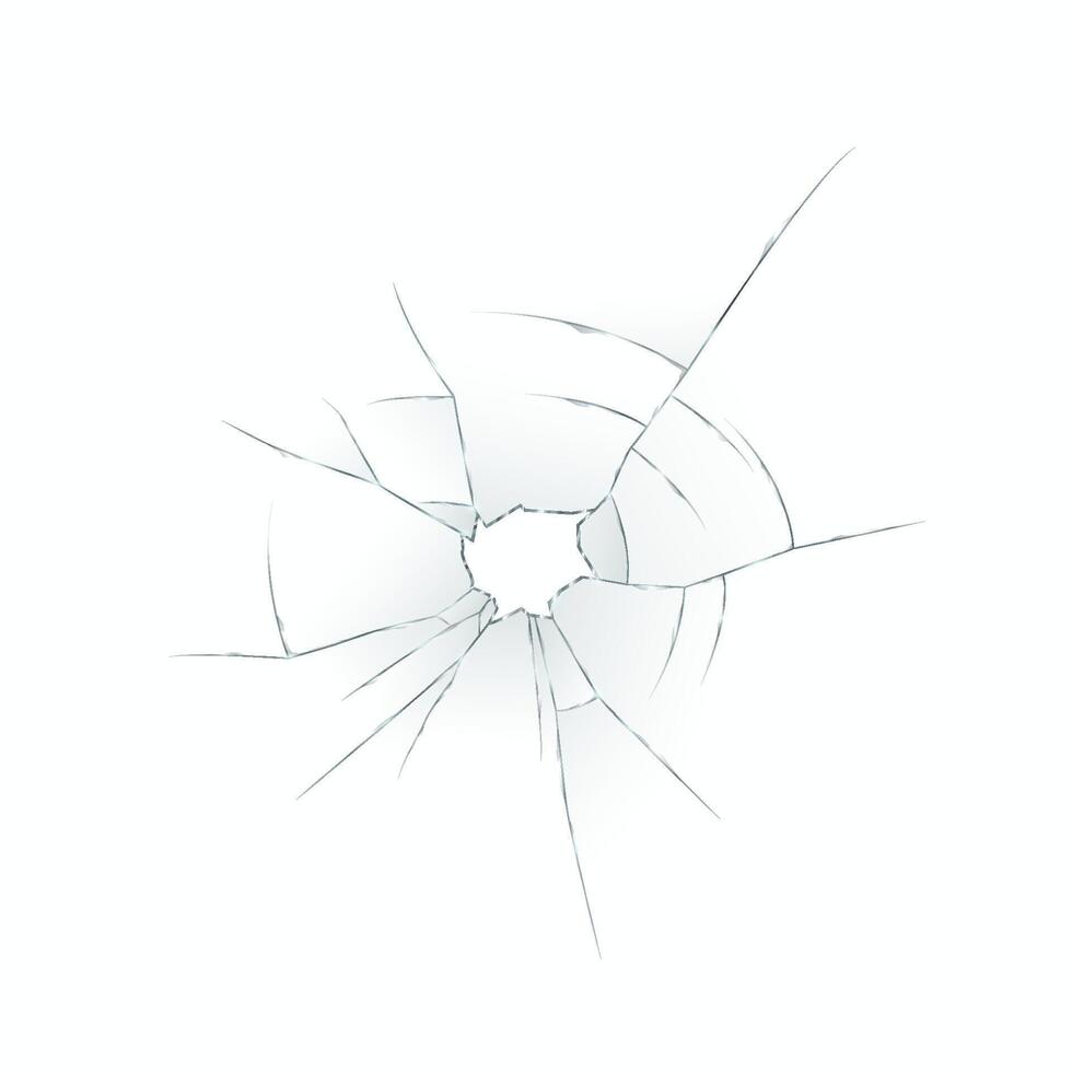 Detailed illustration of a cracked glass surface showing radial fracture lines emanating from a central point. Light reflections add depth to the broken texture. vector