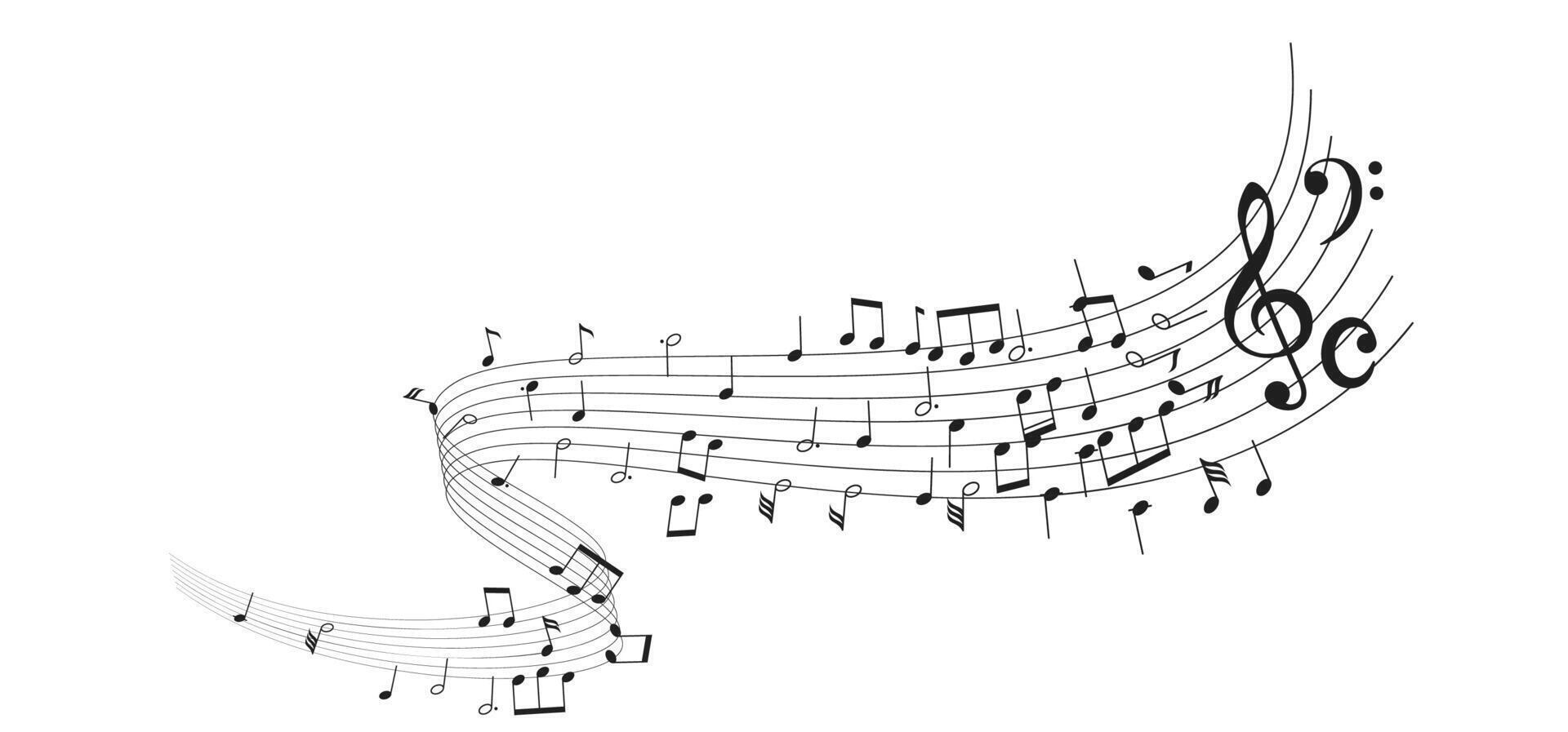 Black musical notes on a curving staff creating a dynamic wave pattern against a white background. This illustration evokes a feeling of rhythm and melody. vector