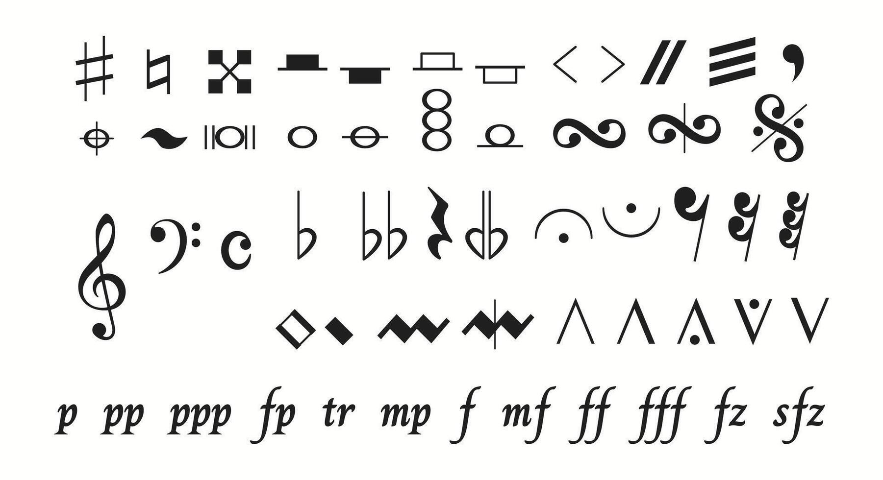 An array of musical notation symbols including dynamic markings and clefs. These symbols represent pitch, rhythm, tempo, dynamics used by musicians to perform written music. vector