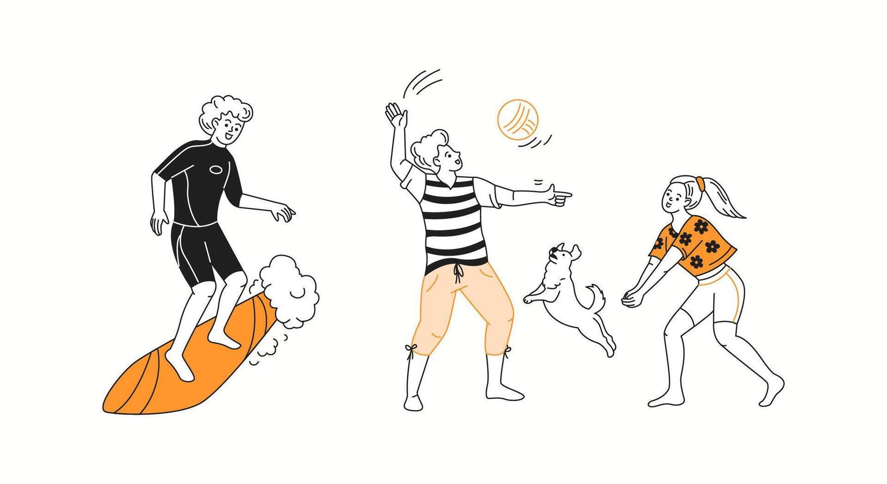 A collection of joyful summer scenes featuring people swimming, playing, and relaxing, showcasing the best moments of summer fun in a doodle-style composition. vector