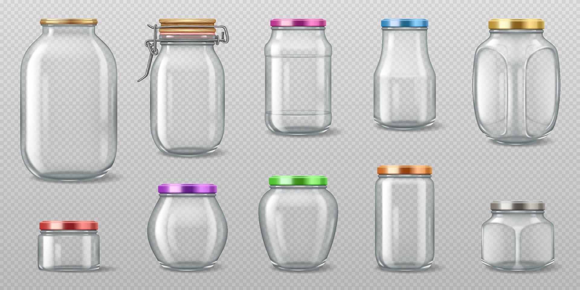 Realistic 3D illustration of a collection of different glass jars with metal lids. Suitable for food storage, packaging, and product design. vector