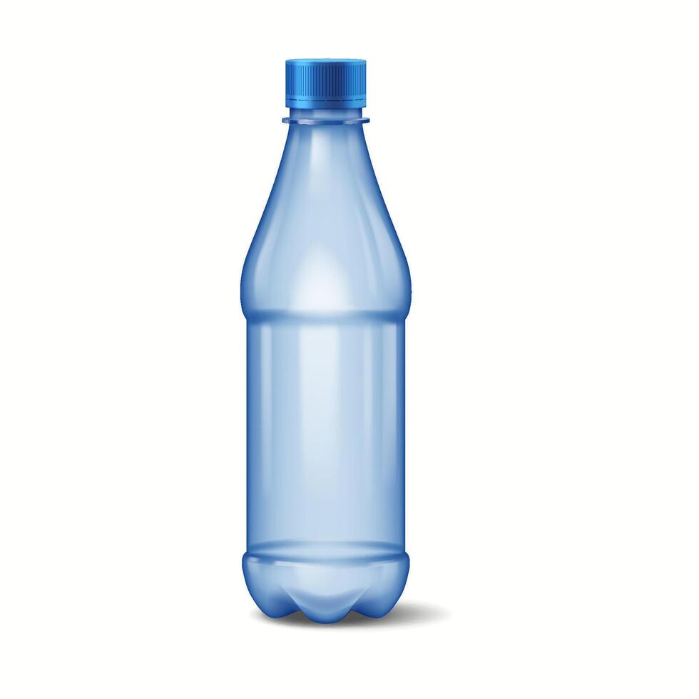 Illustration of a blue plastic bottle with a blue screw cap. The bottle is empty and standing upright on a white background, highlighting its simple design and functionality. vector