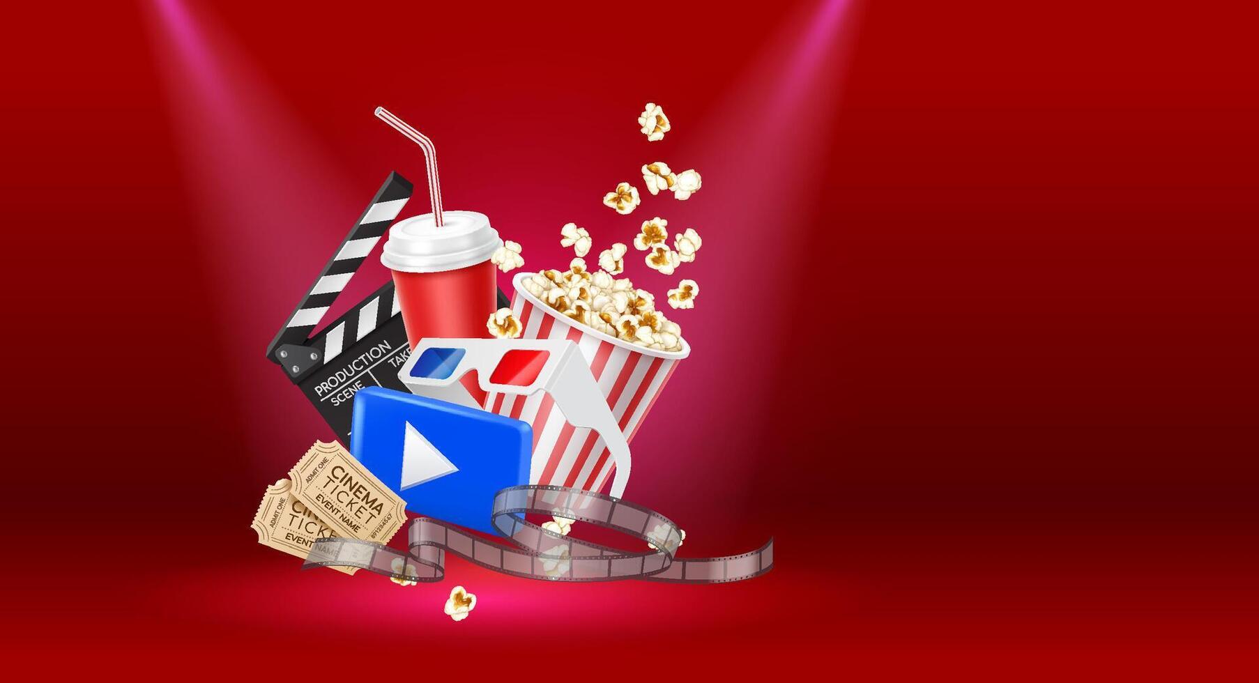 Copy space banner. 3D realistic digital illustration of a movie night set featuring a popcorn bucket, soda, clapperboard, film reel, and 3D glasses on a deep red gradient background. vector