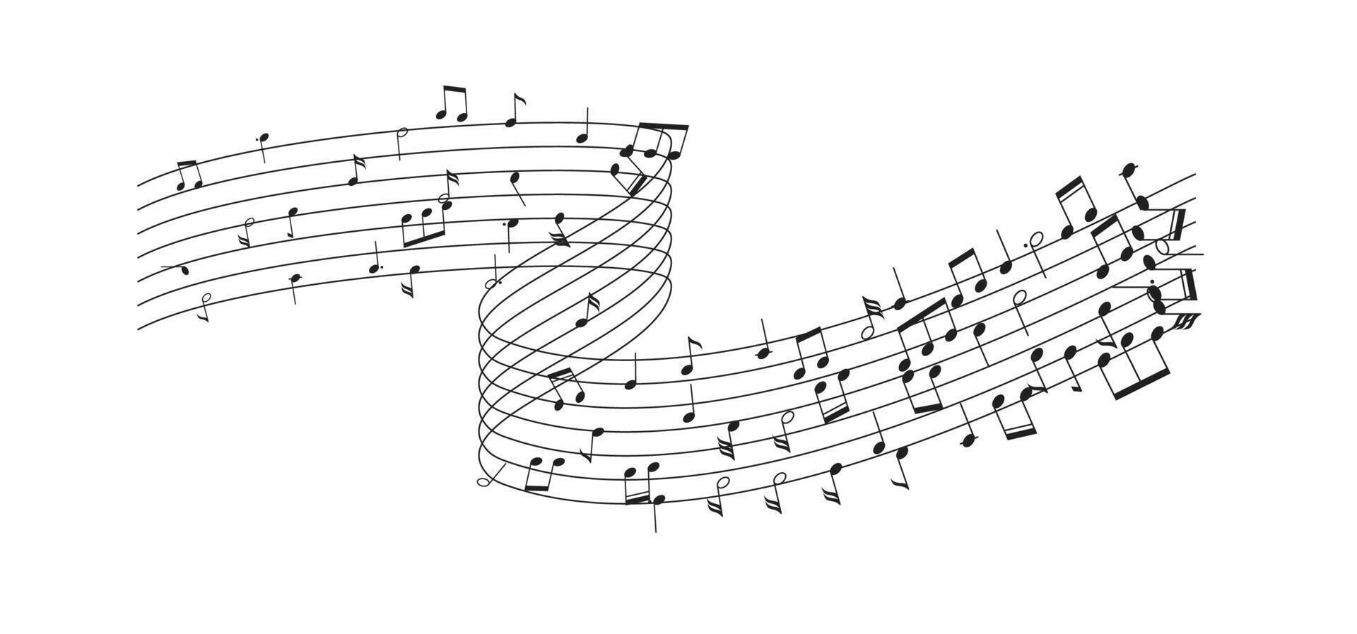 Illustration of a swirling musical staff with notes creating a dynamic sense of movement and rhythm symbolizing energy and flow in musical composition. vector