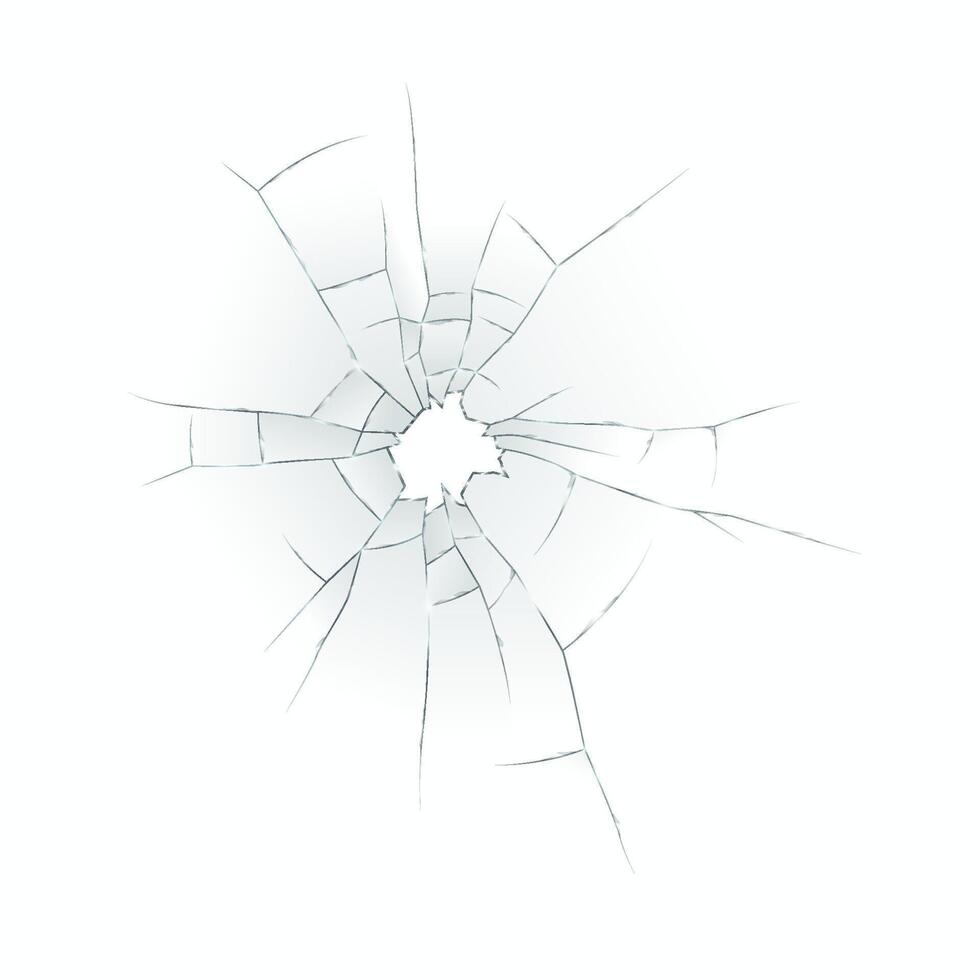 Detailed illustration of shattered glass with radiating cracks on a white backdrop, capturing a realistic impact effect. Perfect for design projects requiring dynamic visual. vector